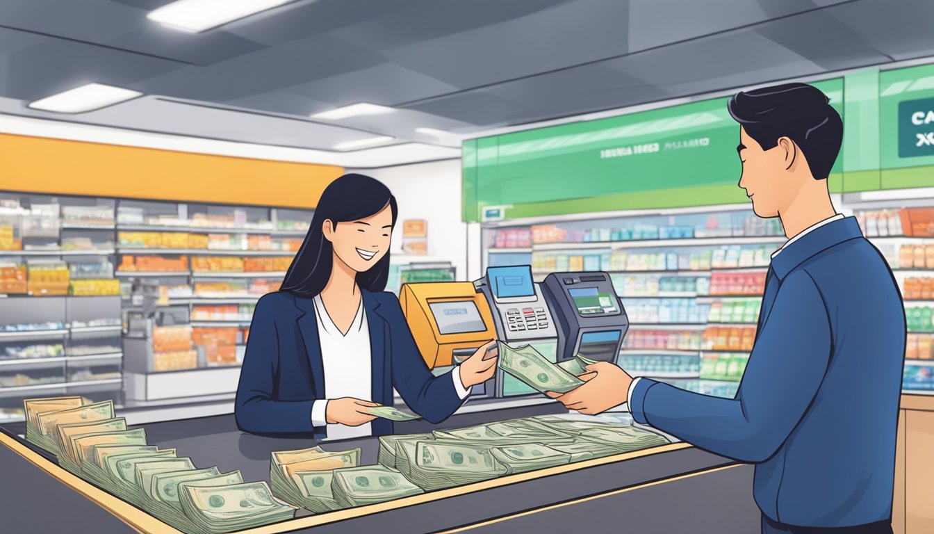 A customer handing over cash to a cashier in exchange for CapitaLand vouchers at a retail store in Singapore