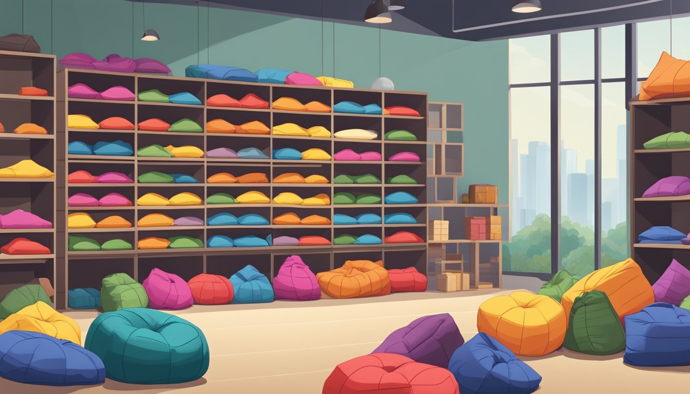 A colorful display of bean bags in a spacious, well-lit store in Singapore, with price tags indicating affordability