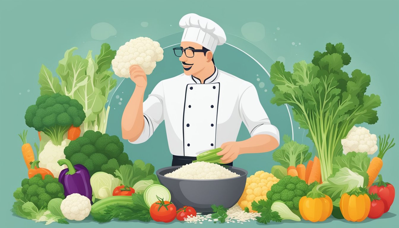 A chef carefully grating fresh cauliflower into rice-sized pieces, surrounded by vibrant, colorful vegetables and herbs