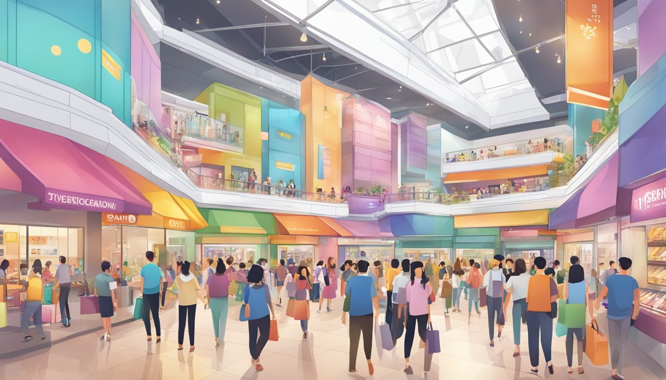 A bustling Singapore mall with colorful storefronts and a prominent CapitaVoucher redemption counter, surrounded by excited shoppers