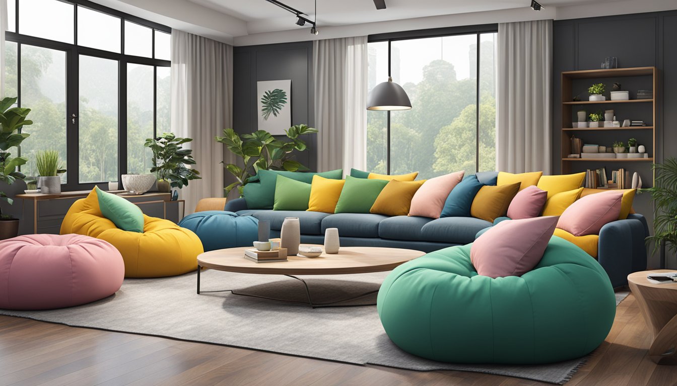 A cozy living room with a variety of bean bags in different sizes and colors, displayed in a modern furniture store in Singapore