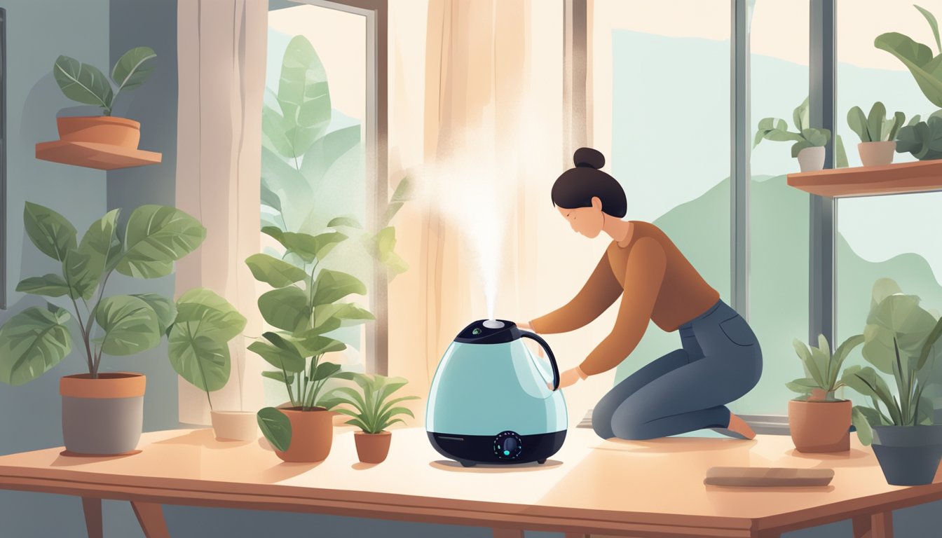 A person places a humidifier on a flat surface, adjusts the settings, and fills it with water using a jug. The room is well-lit and cozy, with a plant in the background