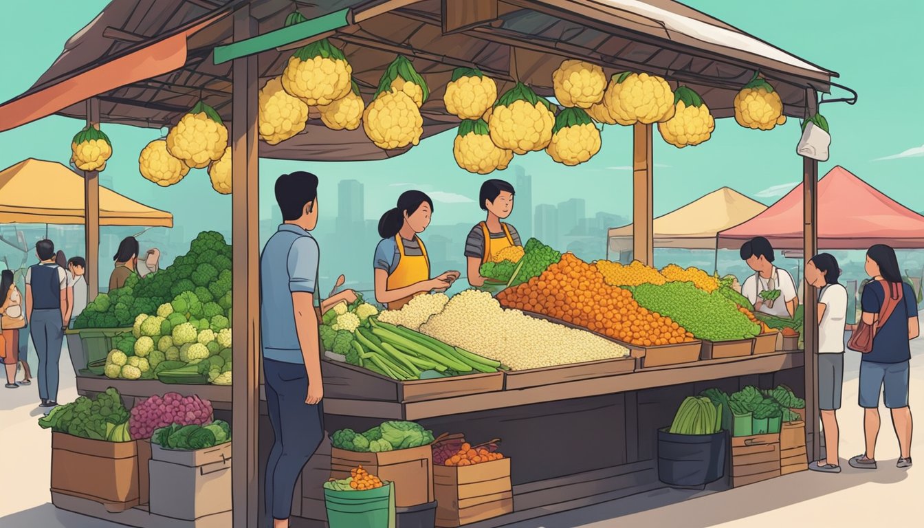 A colorful market stall with fresh cauliflower rice on display in Singapore. Customers browsing and asking questions to the vendor