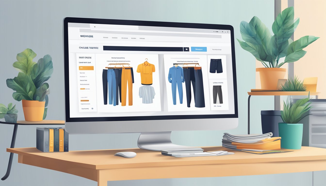 A computer screen displaying an online shopping website with a variety of work pants options