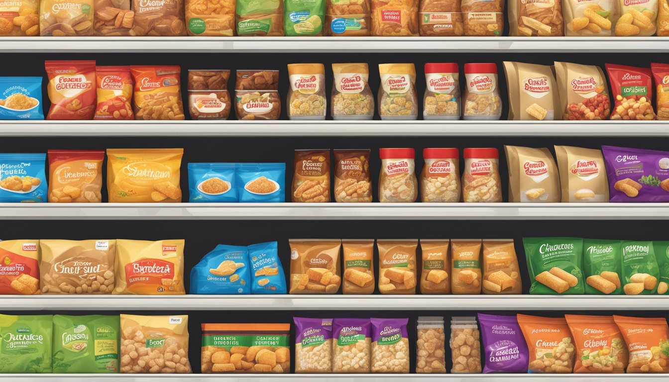 A display of various crouton brands on a shelf in a grocery store in Singapore. Bright packaging and clear labels
