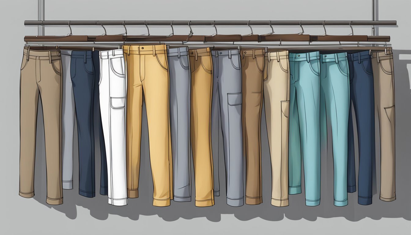 A display of various work pants hanging on a rack, with different styles, colors, and sizes available for purchase online