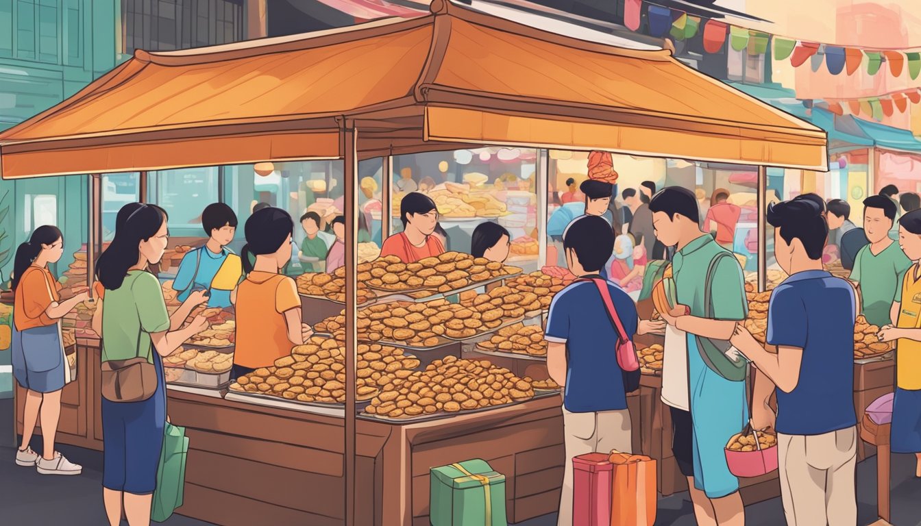 A bustling market stall sells colorful CNY cookies in Singapore. Customers browse and purchase traditional treats for the festive season