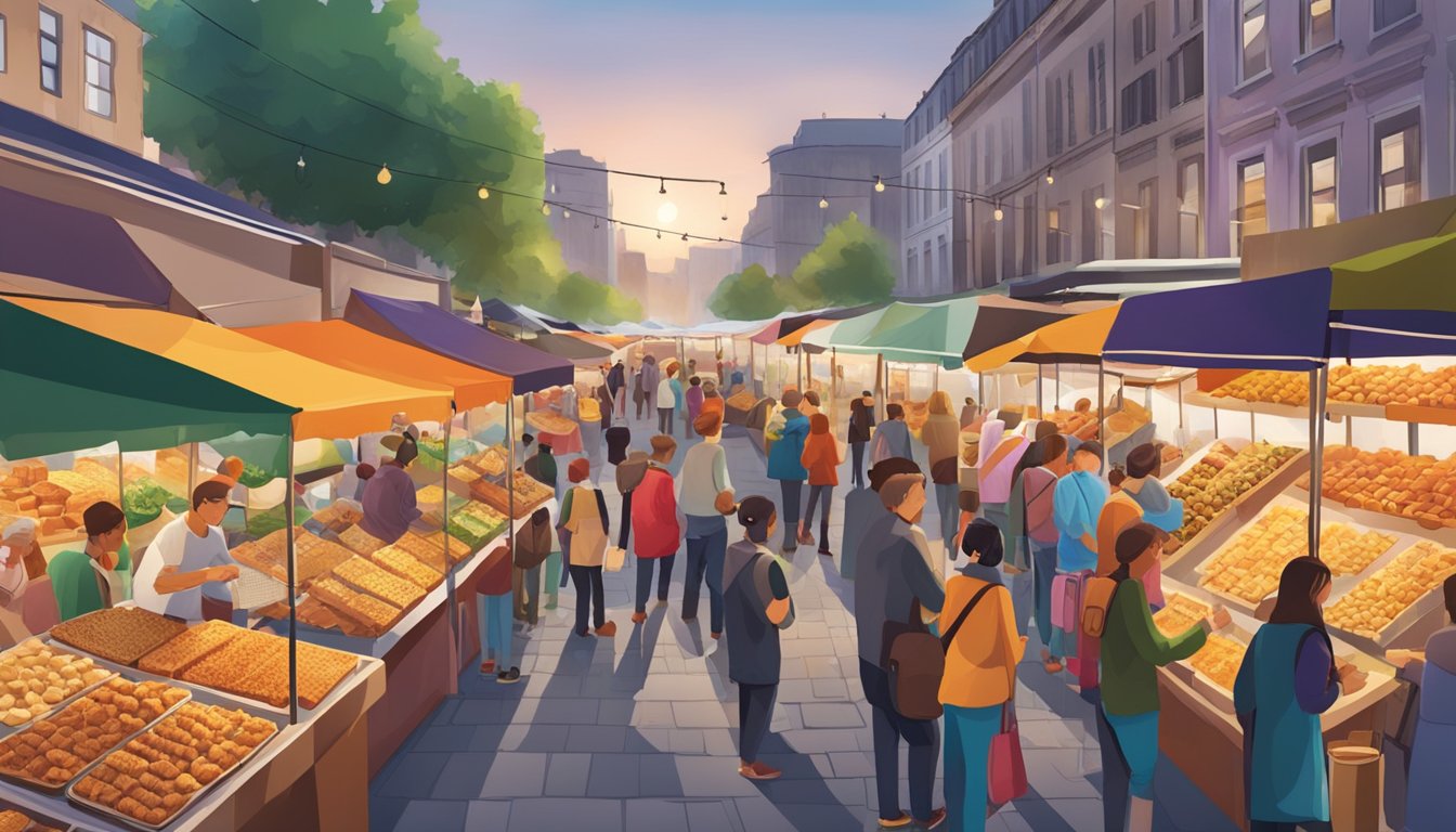 A bustling outdoor market with colorful stalls selling various types of croutons, surrounded by eager customers sampling and purchasing the crispy bread cubes