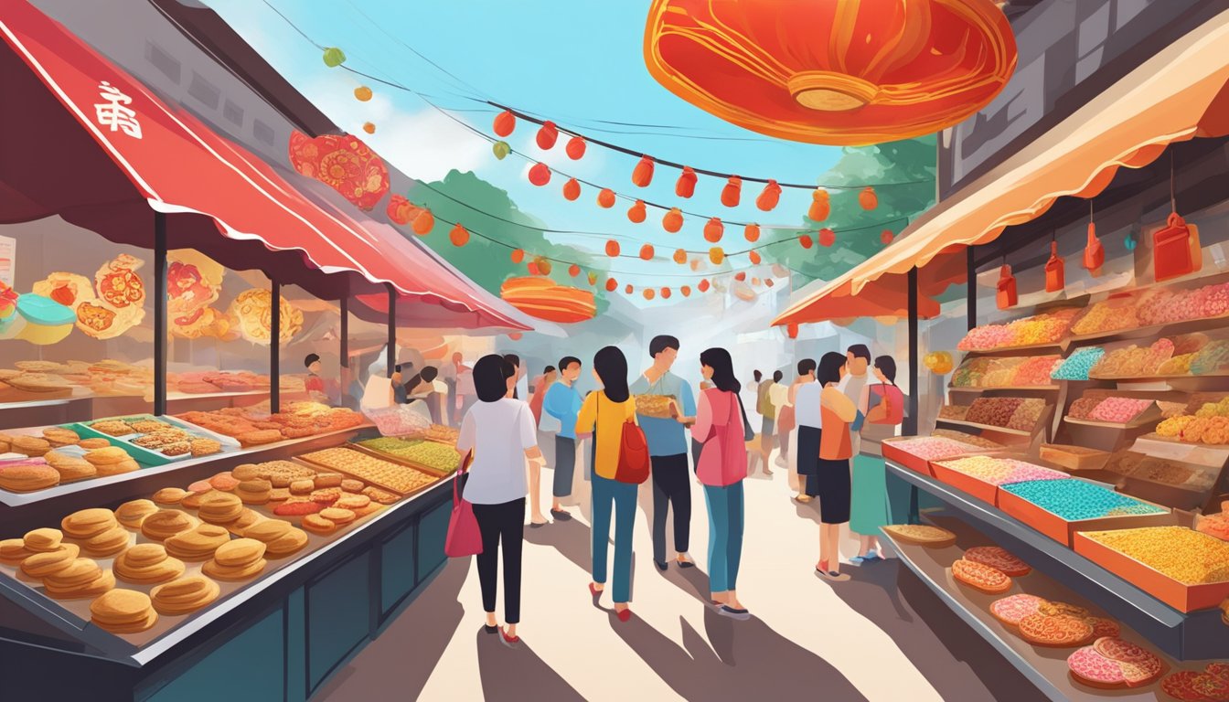 A bustling market stall displays an array of colorful CNY cookies in Singapore, with enticing aromas wafting through the air