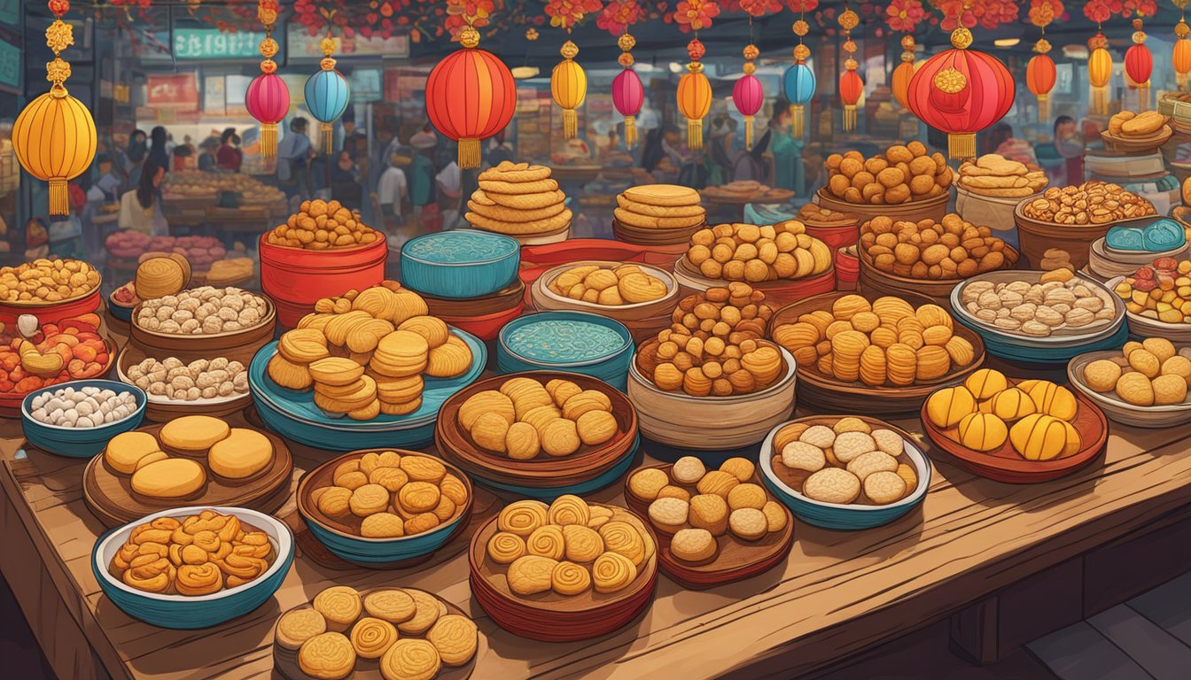 A display of colorful and intricately designed Chinese New Year cookies arranged neatly on a table in a bustling market in Singapore
