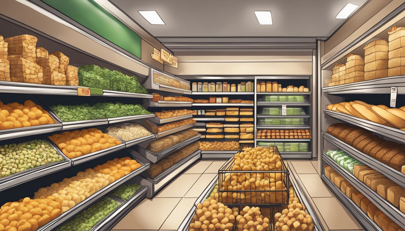 A display of various crouton varieties and flavors at a specialty grocery store in Singapore. The shelves are filled with packages of crunchy, seasoned bread cubes in different sizes and flavors