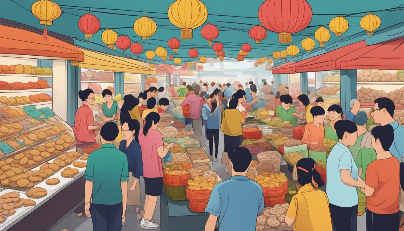 A bustling market stall in Singapore, filled with colorful displays of traditional Chinese New Year cookies and eager customers asking the vendor for recommendations