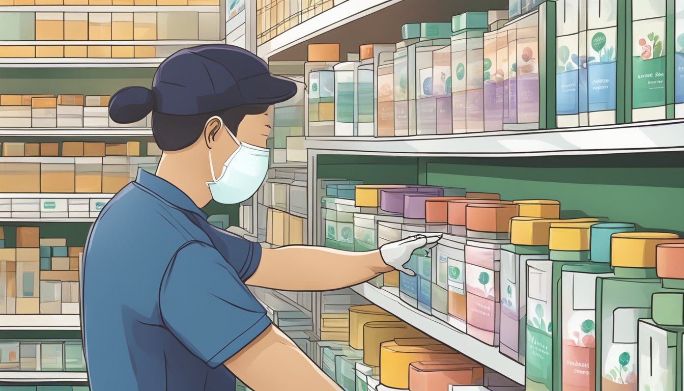 A hand reaches for a box of antihistamine on a pharmacy shelf in Singapore