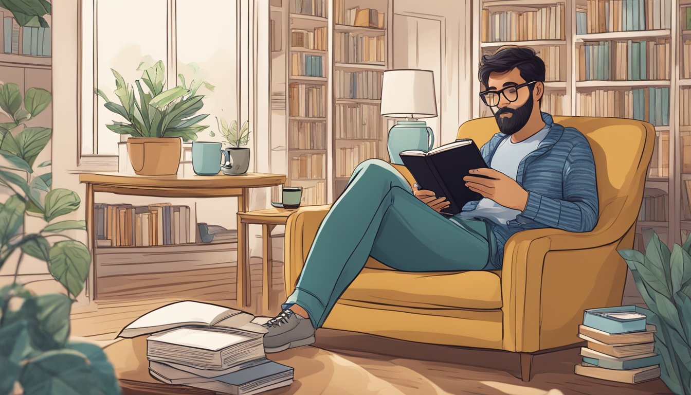 A person holding a Kobo eReader, surrounded by a cozy reading nook with a warm cup of tea and a stack of books