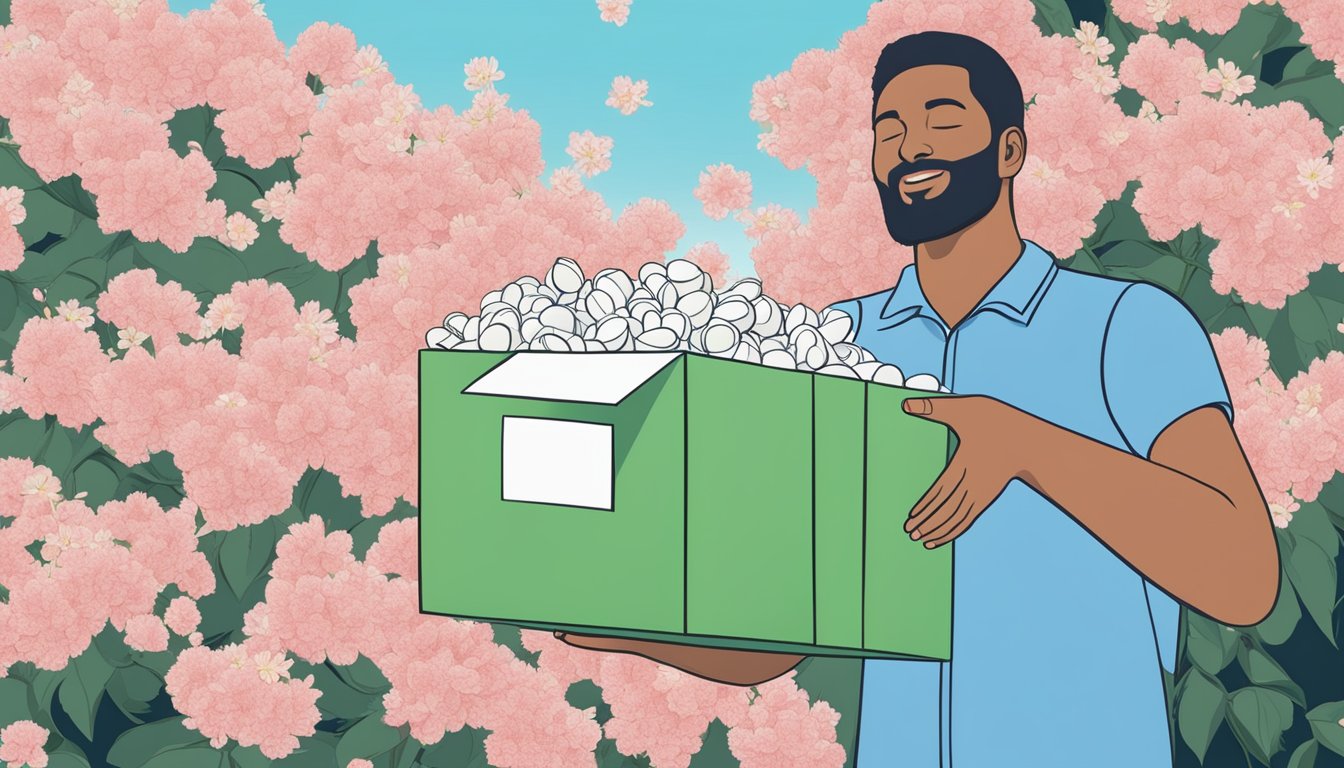 A person holding a box of antihistamines, surrounded by blooming flowers and a clear blue sky