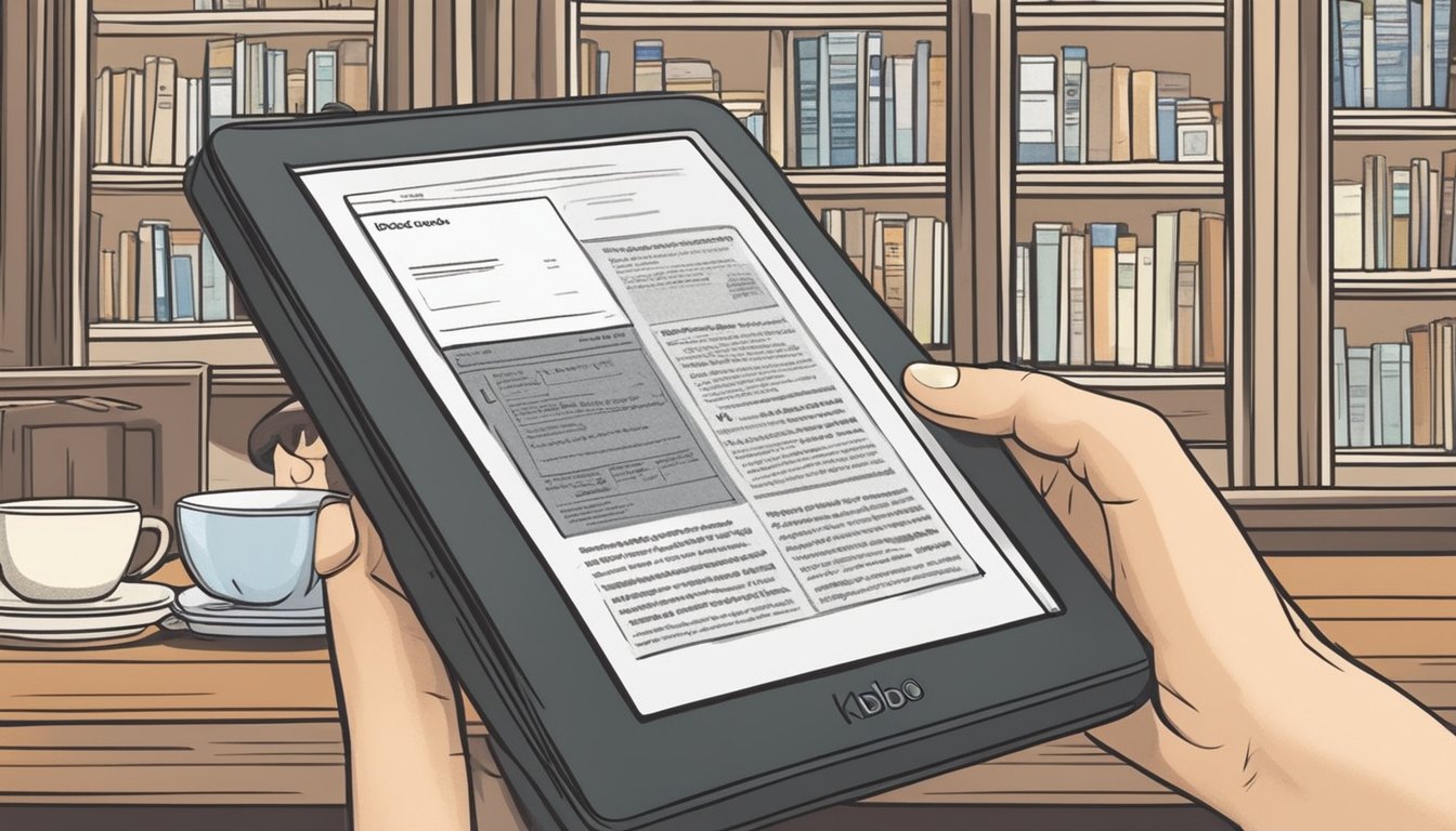 A hand reaches for a Kobo e-reader in a Singapore bookstore. The device is being used to read an e-book in a cozy café