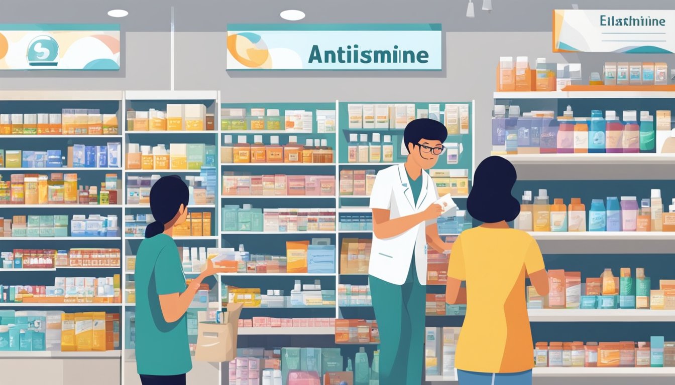 A person purchases antihistamine at a pharmacy in Singapore. The shelves are stocked with various brands and types of allergy medication. A pharmacist assists a customer at the counter