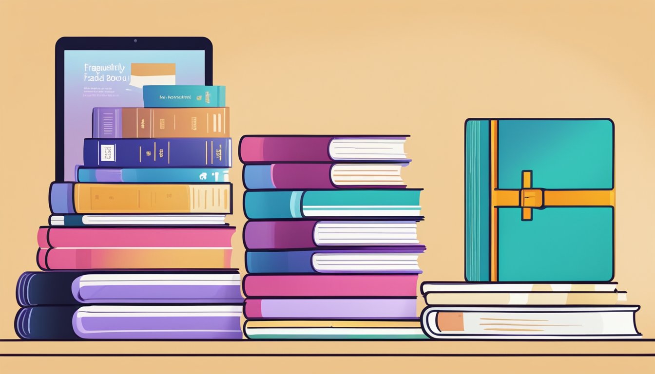 A stack of colorful books with "Frequently Asked Questions" and "buy kobo singapore" displayed on a digital screen
