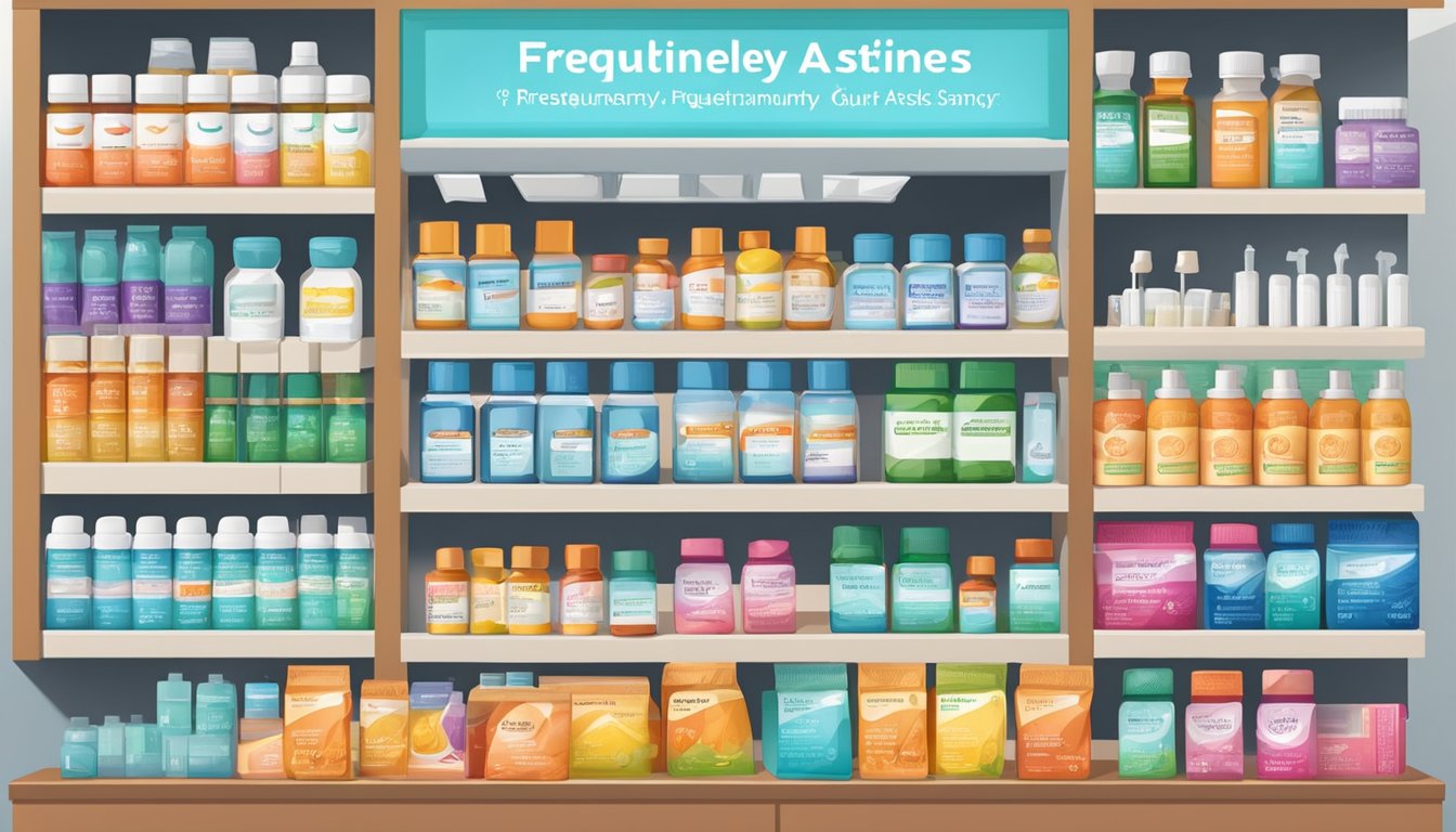 A colorful display of various antihistamine products with clear labels and prices, accompanied by a sign reading "Frequently Asked Questions" in a pharmacy setting