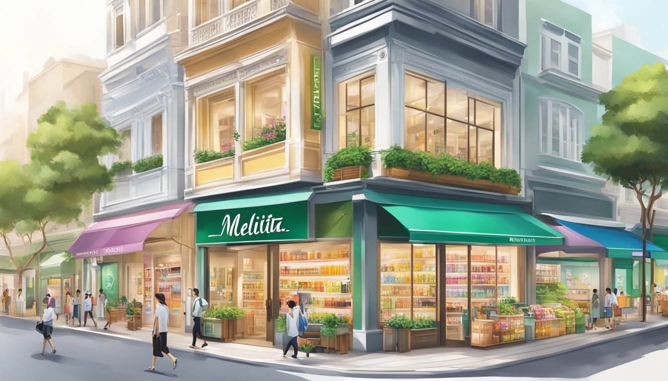 A bustling street in Singapore, with vibrant signs and storefronts. A prominent display of Melvita products in a modern, upscale beauty store
