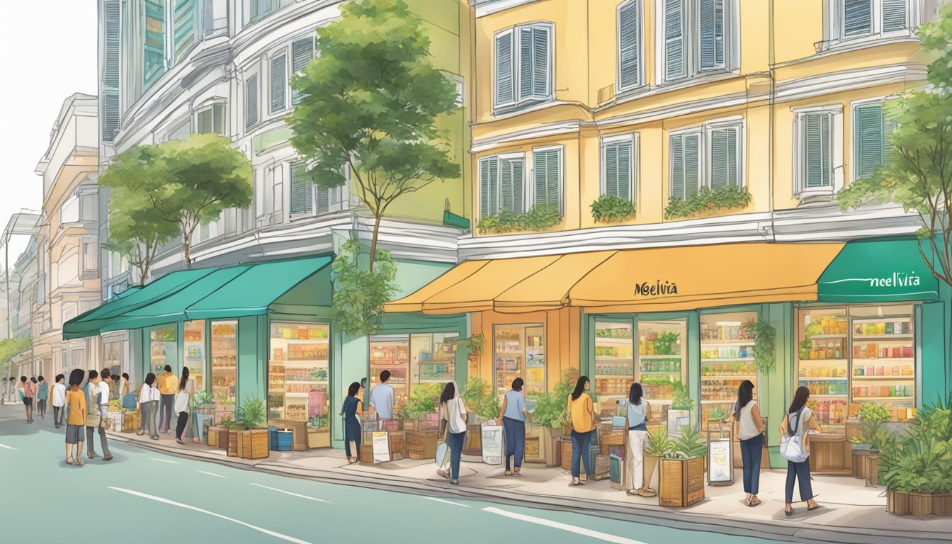 A busy shopping street in Singapore, with a vibrant Melvita store front showcasing their natural beauty products
