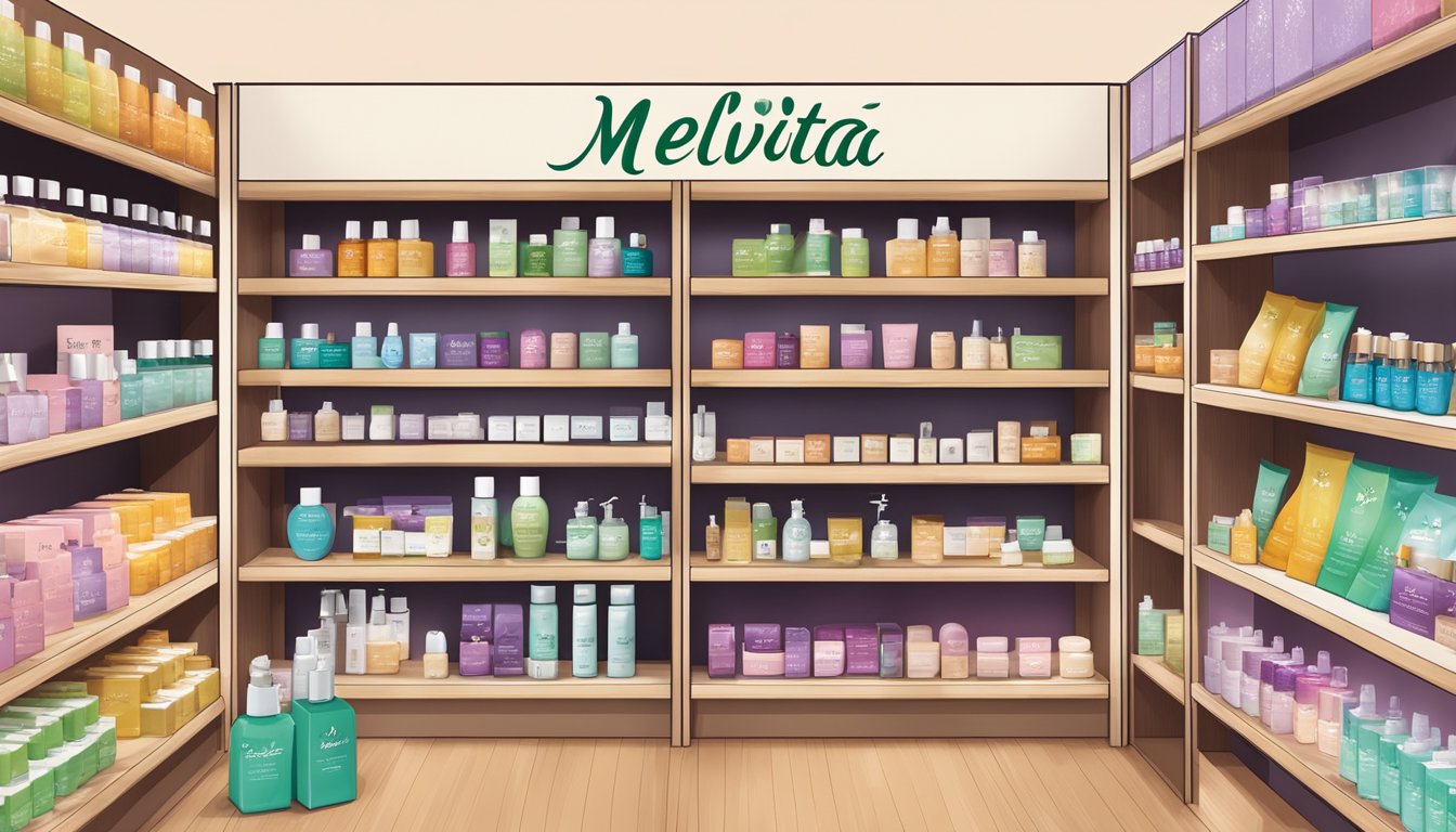 A display of Melvita's products in a Singapore store, showcasing a range of skincare and beauty items. Shelves neatly arranged with colorful packaging and natural ingredients