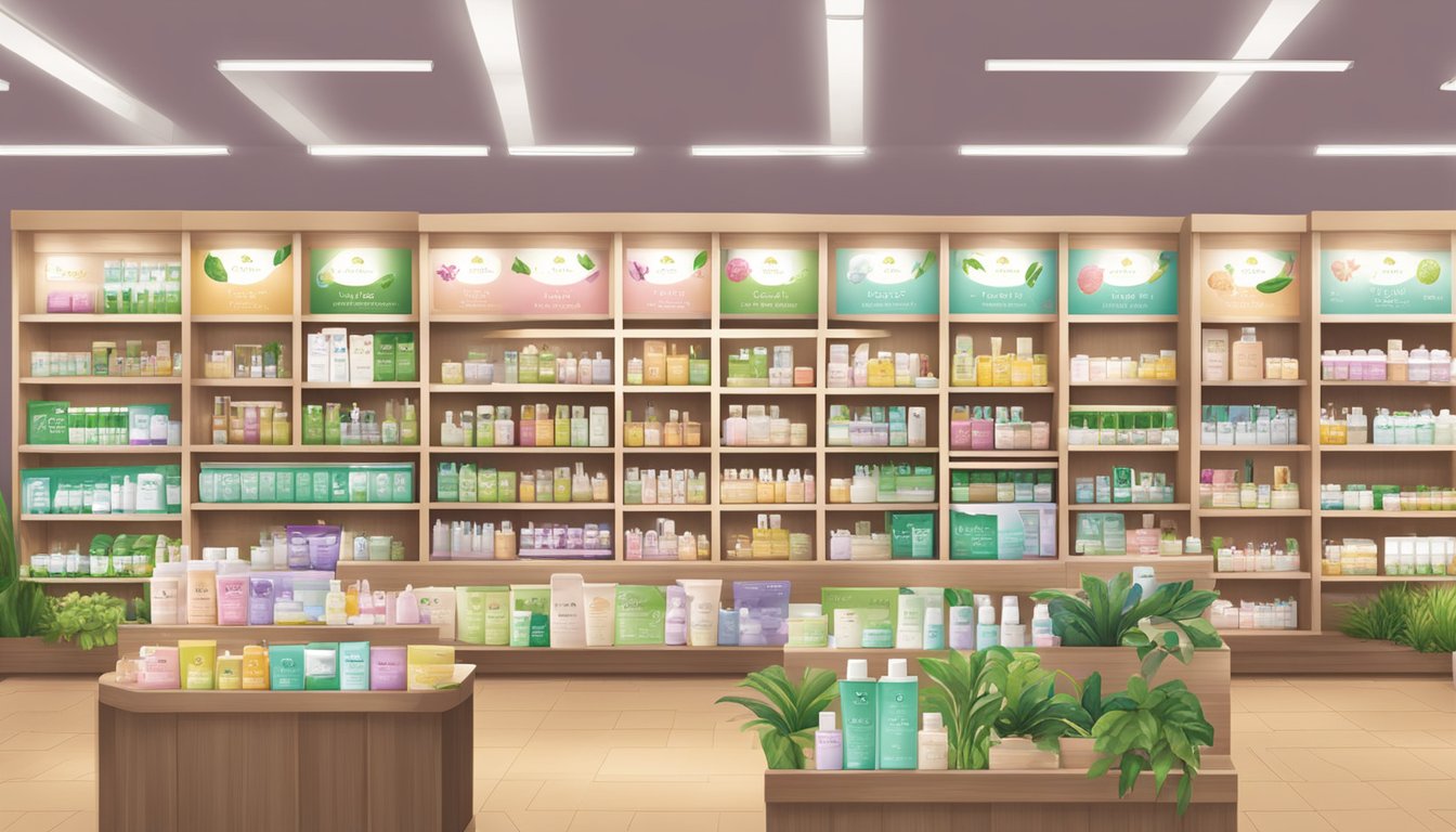 Shelves of skincare products with Melvita branding, displayed in a Singaporean store