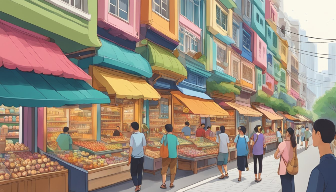 A bustling street in Singapore, lined with colorful shops displaying various ocarinas. The vibrant storefronts draw in curious passersby, while the sound of ocarina music fills the air