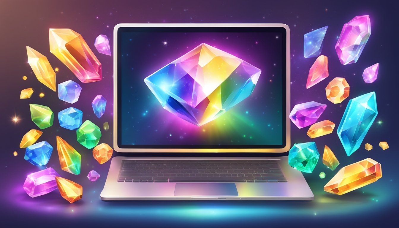 A laptop displaying a variety of colorful, shimmering crystals with a "buy now" button. A glowing aura surrounds the crystals, creating a sense of authenticity