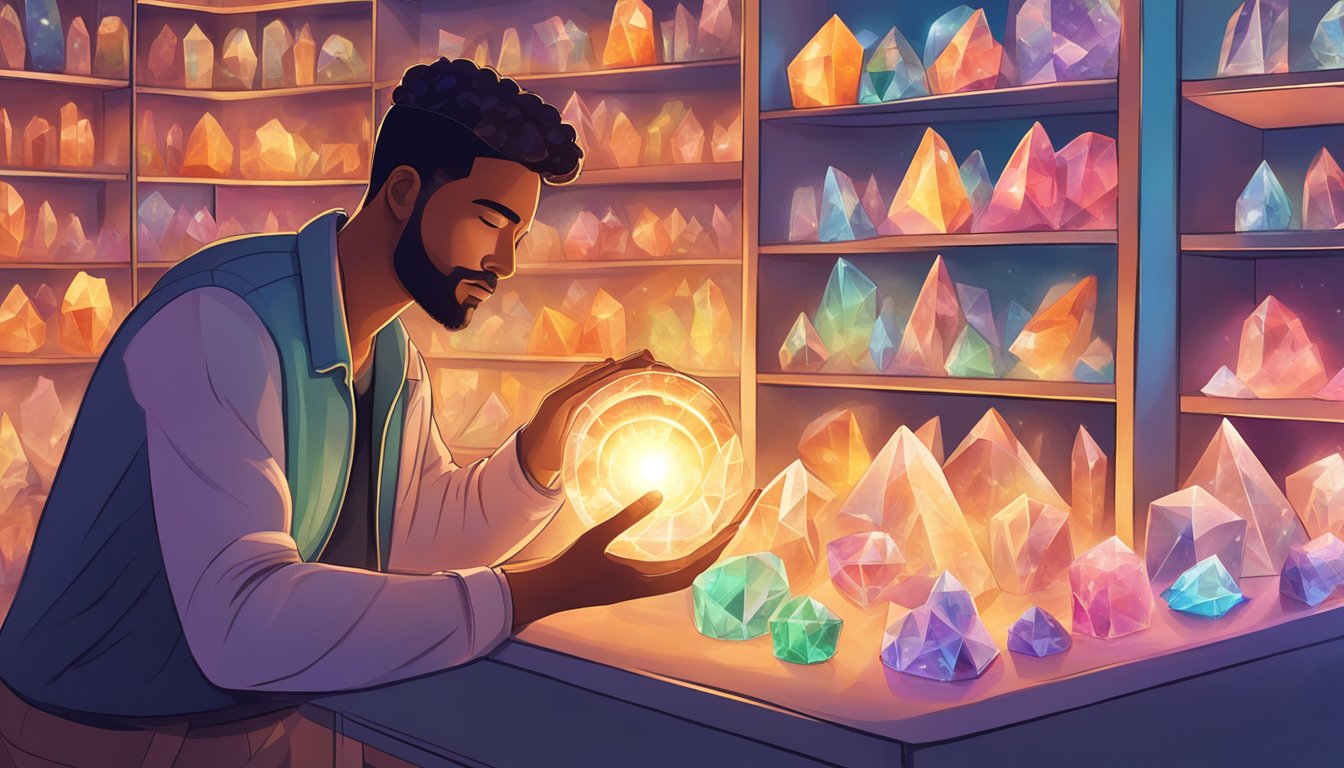 A person holds a crystal in their hand, feeling its energy. Surrounding them are shelves filled with various types of crystals, all emitting a radiant glow