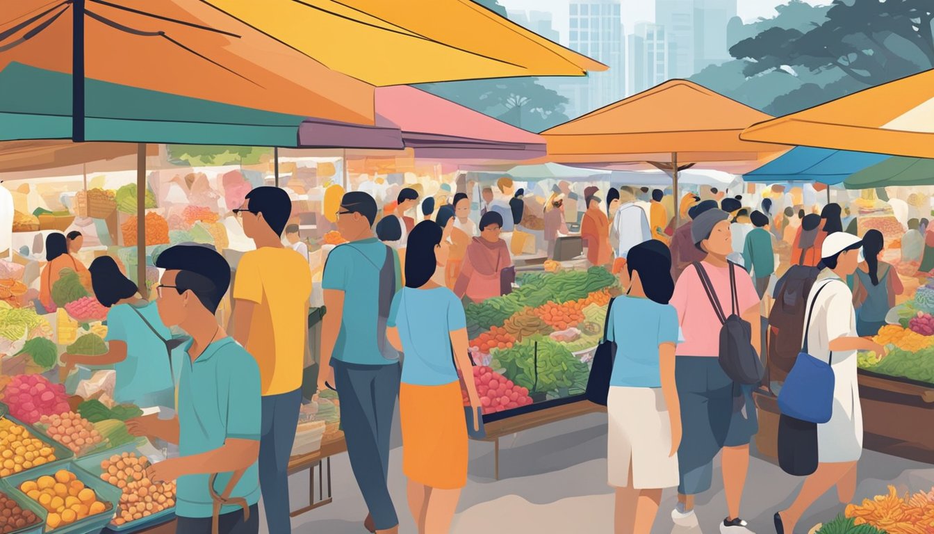 A bustling market in Singapore, filled with colorful decorative items displayed in vibrant stalls. Shoppers browse through a variety of unique and eye-catching pieces, from traditional Asian motifs to modern designs