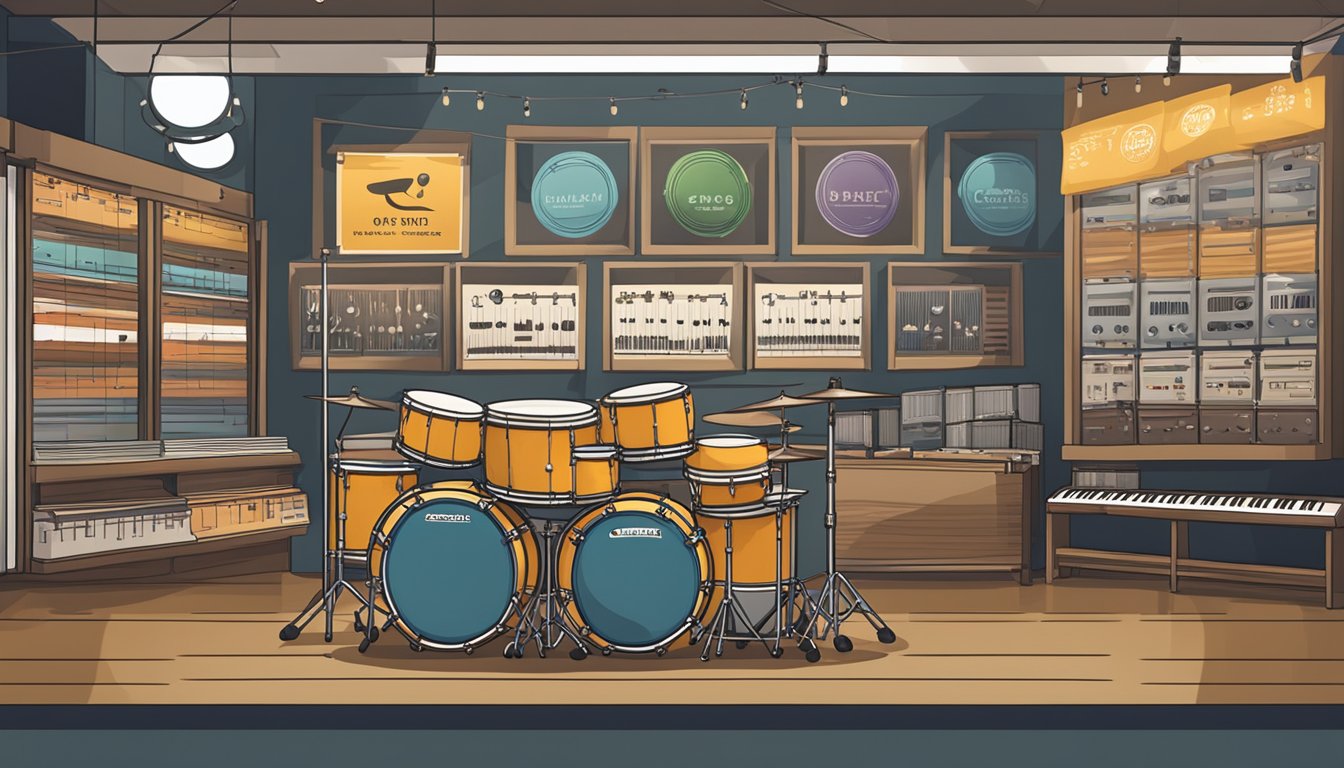 A music shop in Singapore displays a variety of drums, including traditional and modern designs, with price tags and signage