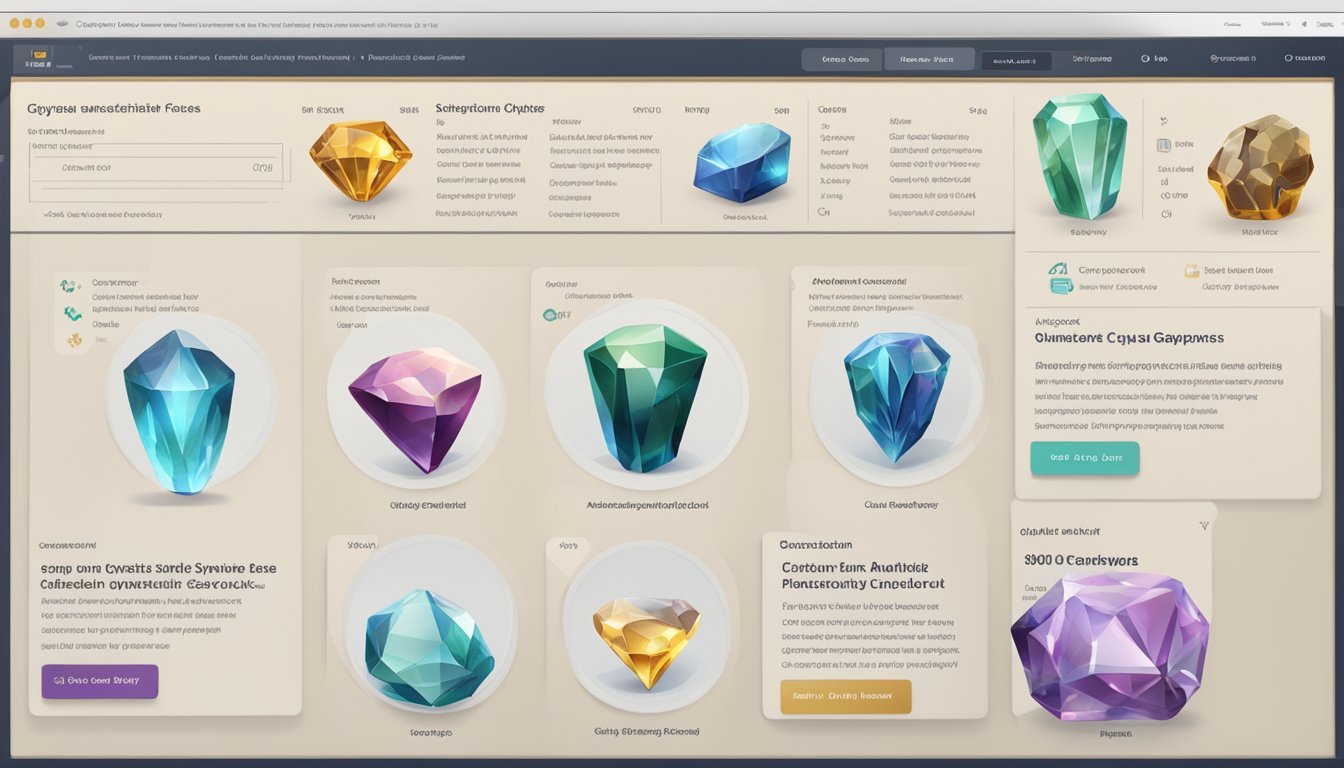 A computer screen displaying a variety of authentic crystals for sale, with detailed descriptions and pricing. A secure online checkout process is shown, with a trusted payment gateway and customer reviews visible