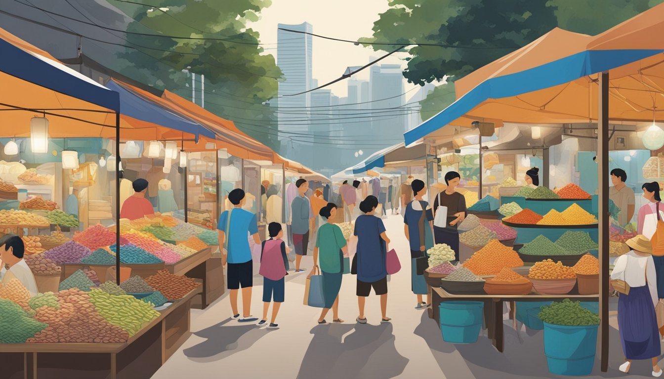 A bustling market in Singapore showcases a variety of unique decorative items, from intricate ceramics to vibrant textiles. Vendors display their wares in colorful stalls, attracting a crowd of curious shoppers