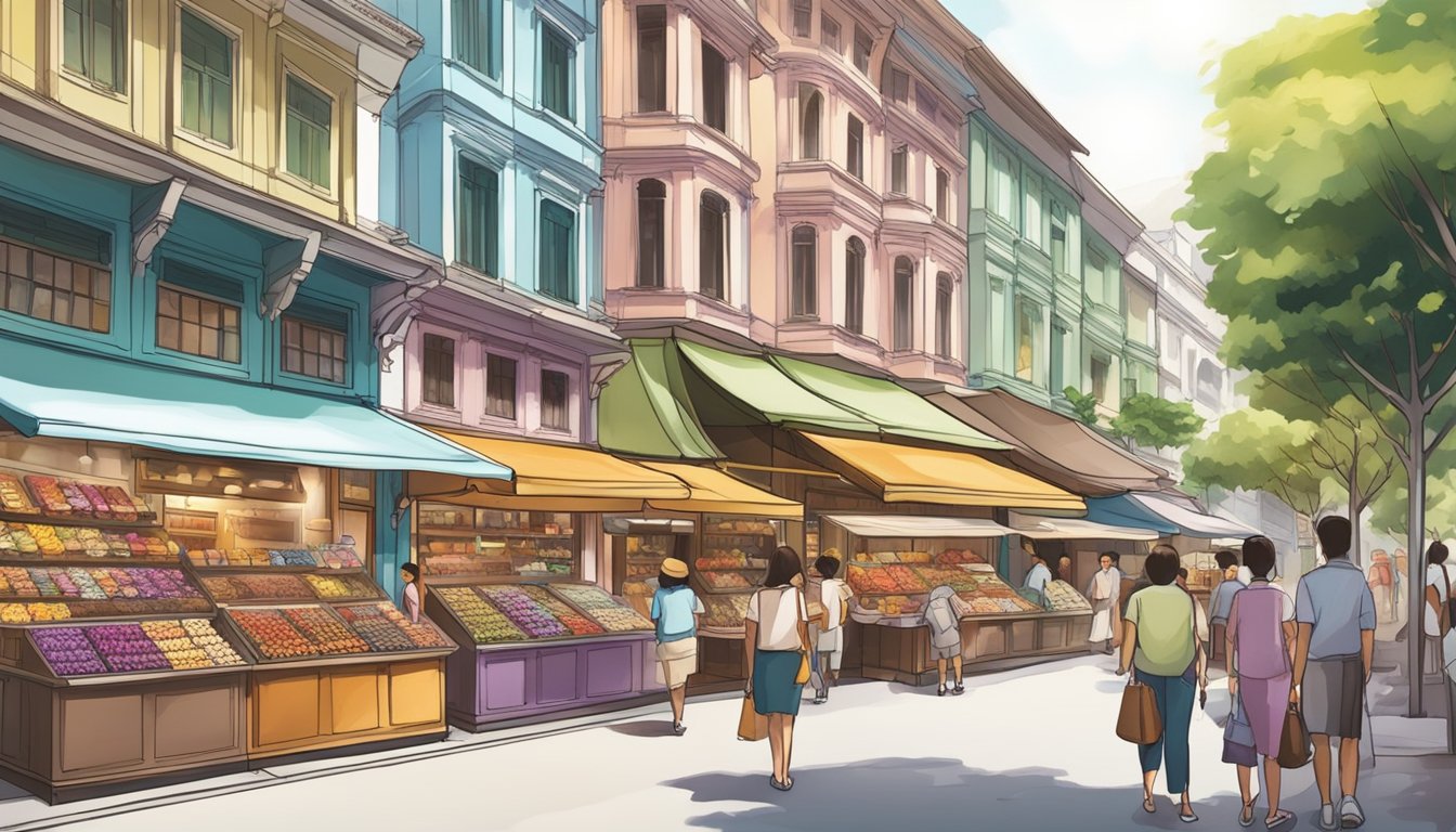 A bustling street in Singapore lined with colorful specialty chocolate shops, showcasing an array of couverture chocolate for sale