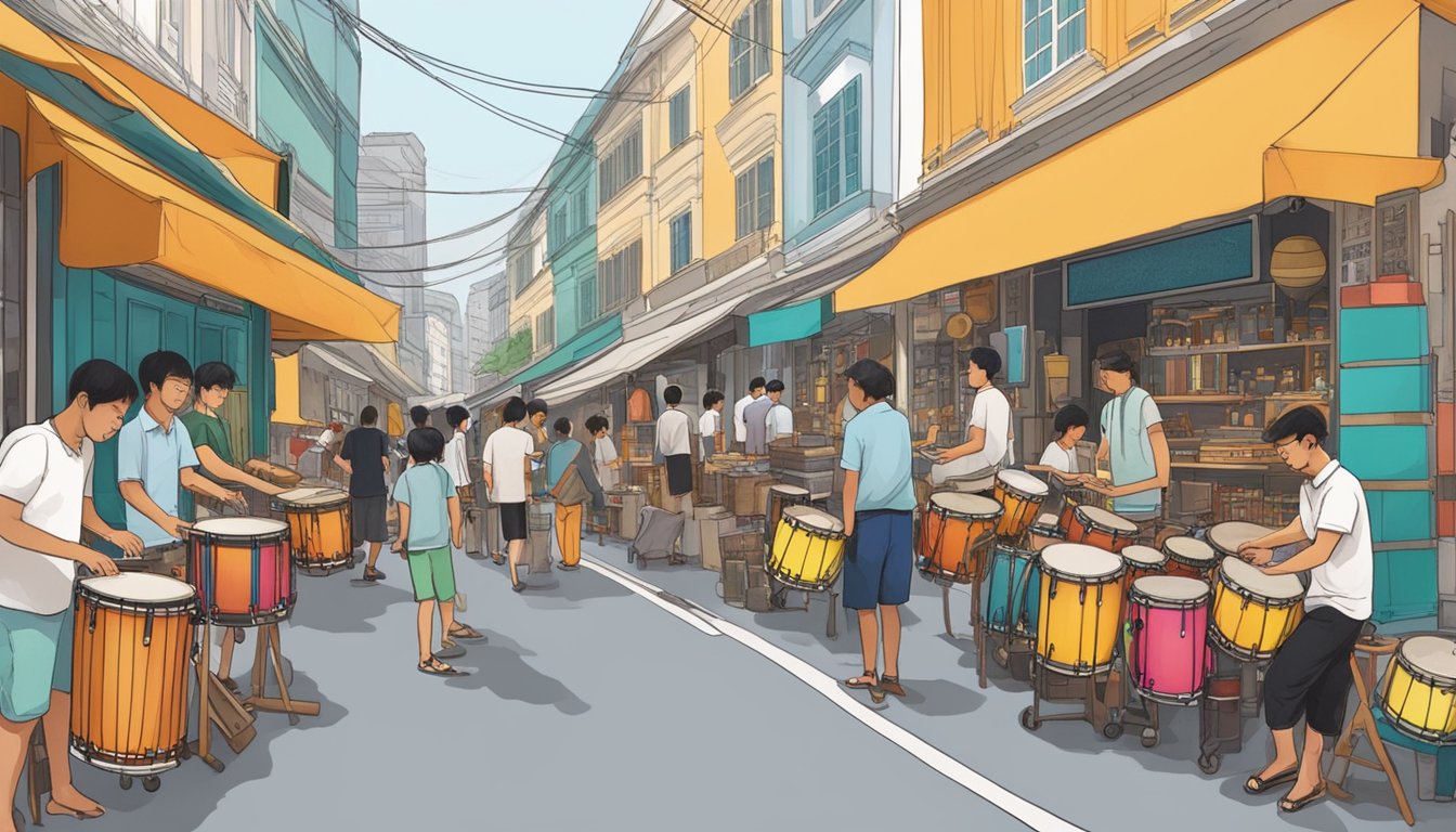A bustling street in Singapore, lined with colorful storefronts displaying a variety of drums and percussion instruments. Customers browse through the shops, admiring the craftsmanship and testing out the different sounds