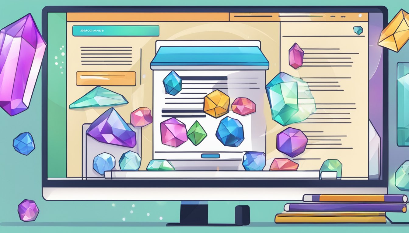 A computer screen displaying a website with a variety of crystals for sale, a FAQ section highlighted on the page