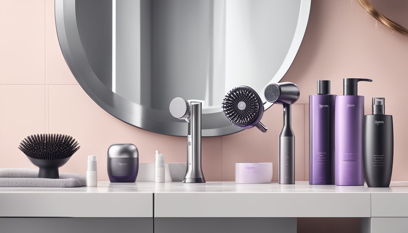 A Dyson Supersonic™ Hair Dryer sits on a sleek bathroom counter, next to a set of luxurious hair care products. The soft glow of a vanity mirror reflects its modern design
