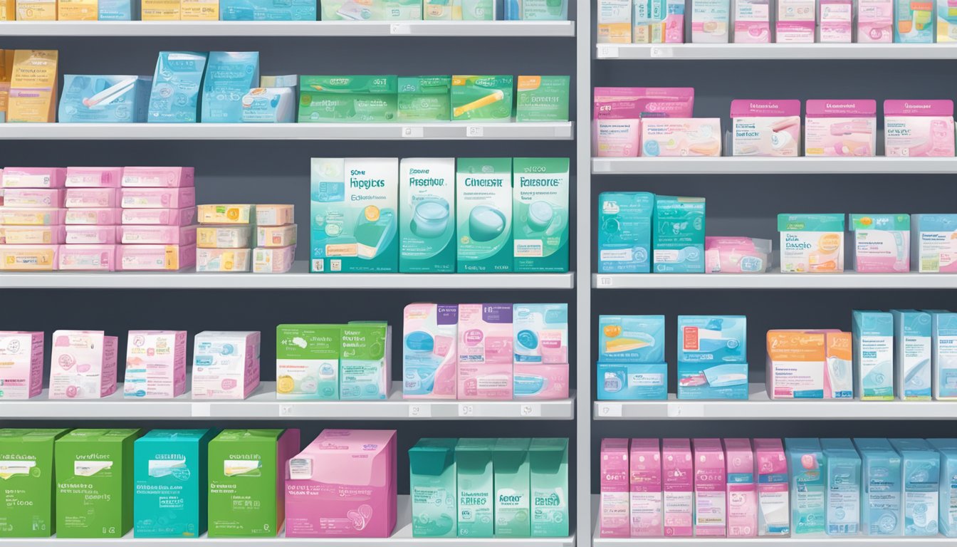 A brightly lit pharmacy shelf displays various pregnancy test kits in Singapore. The packaging features clear, easy-to-read instructions