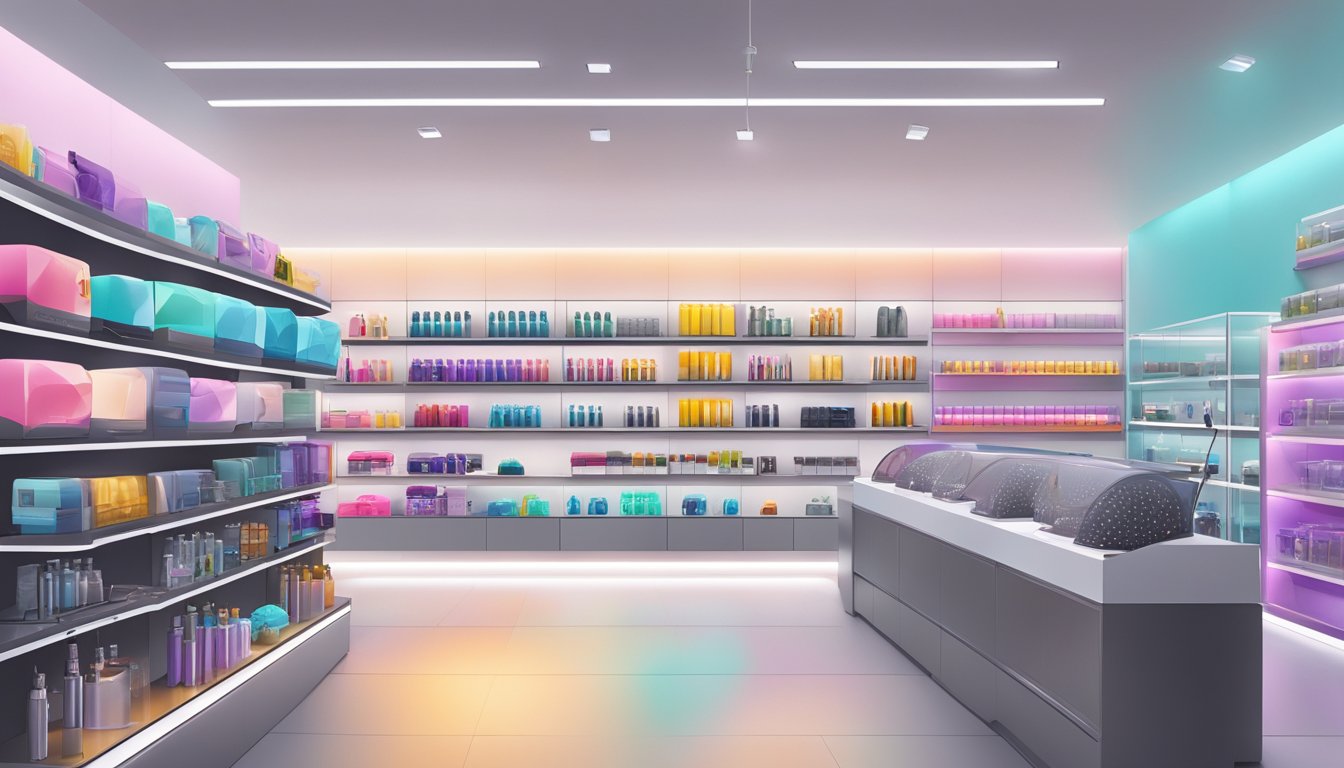 A sleek, modern electronics store in Singapore displays the Dyson hair dryer prominently on its shelves, with bright lighting and clean, minimalist decor