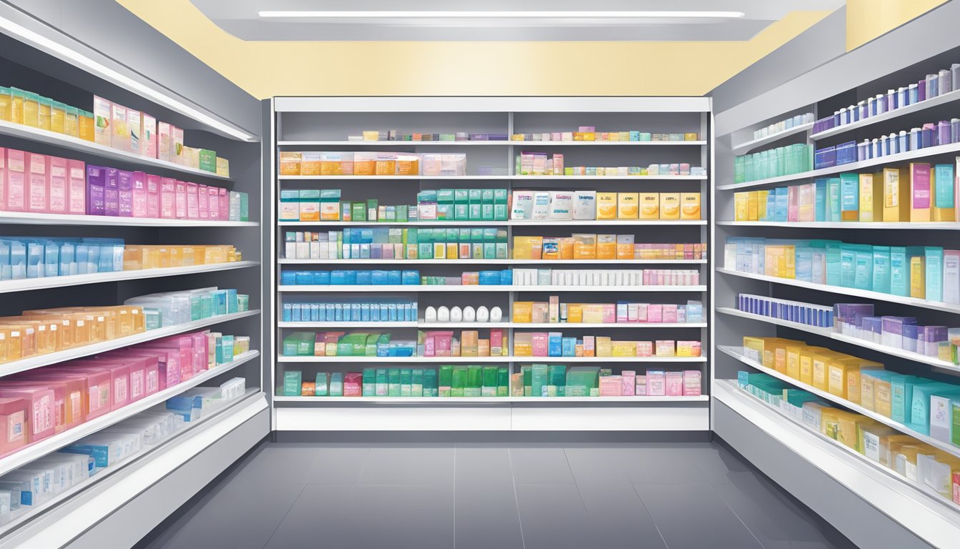 Shelves display pregnancy test kits in a well-lit pharmacy in Singapore