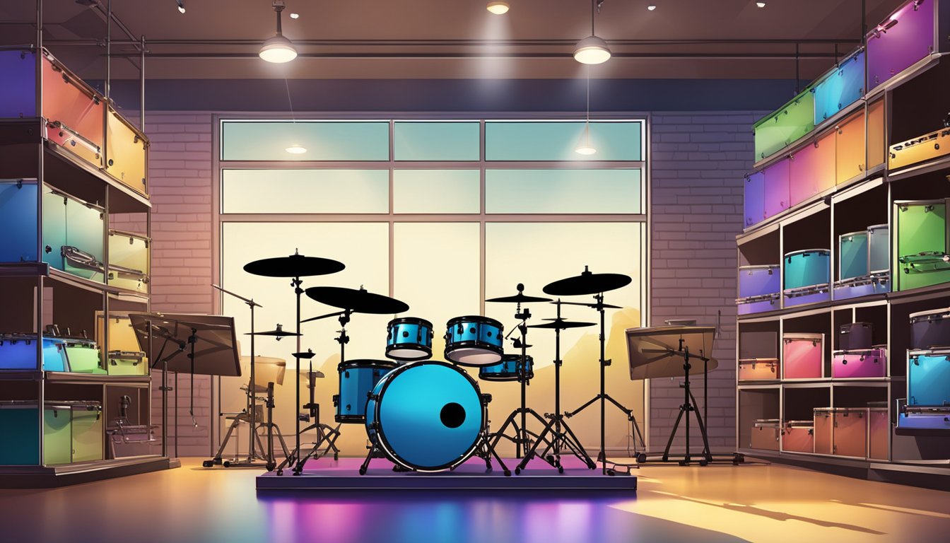 A music store display showcases various drum sets, with colorful options and accessories. The store is well-lit, organized, and inviting