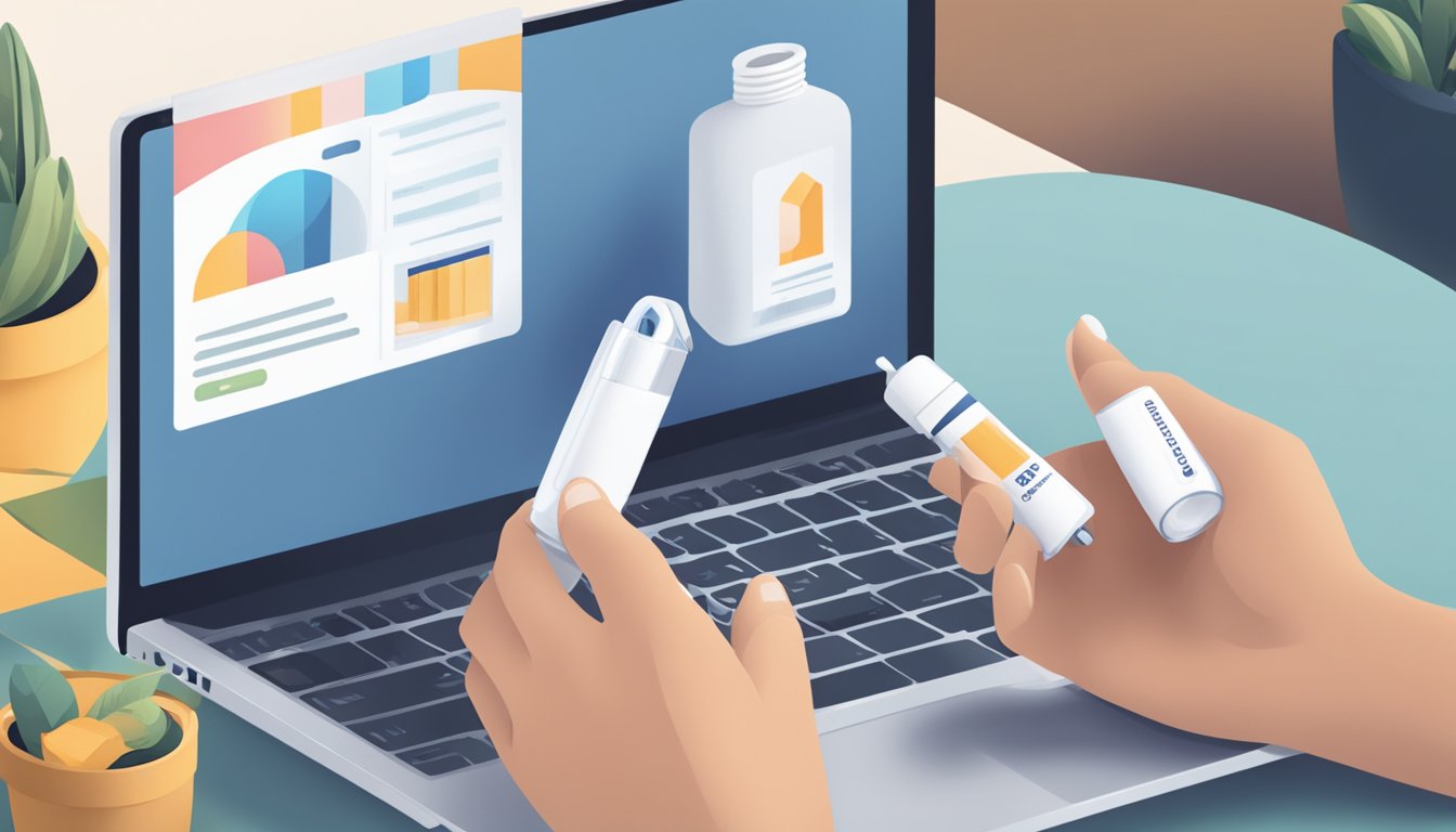 A hand holding a Seretide inhaler next to an open laptop showing an online purchase of Seretide