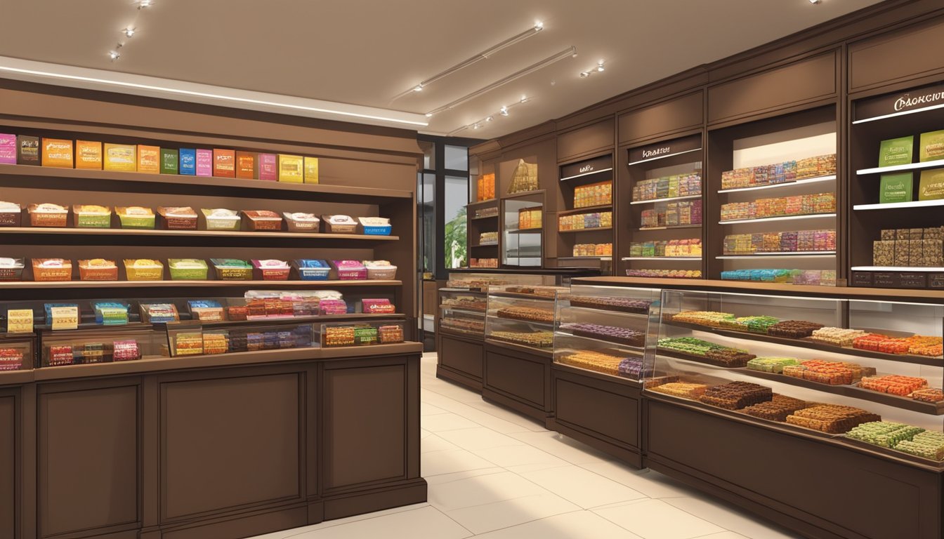 A display of various couverture chocolate brands in a specialty store in Singapore. Bright, organized shelves with clear signage