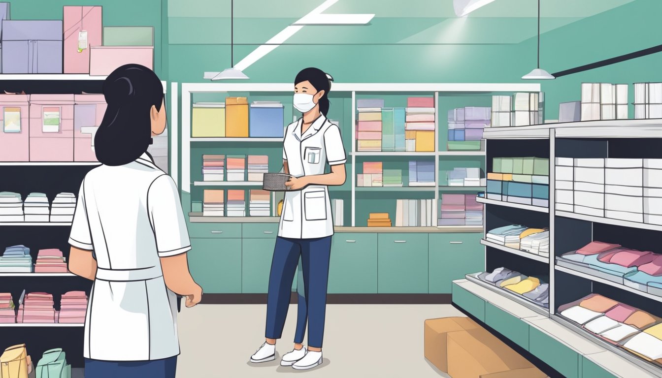 A store in Singapore sells nurse uniforms. Shelves display various styles and sizes. A salesperson assists a customer
