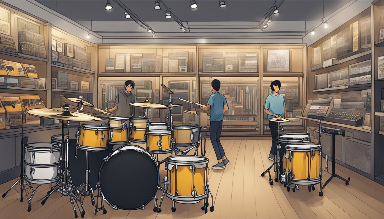 A music store in Singapore displays a variety of drums, with customers browsing and asking staff questions