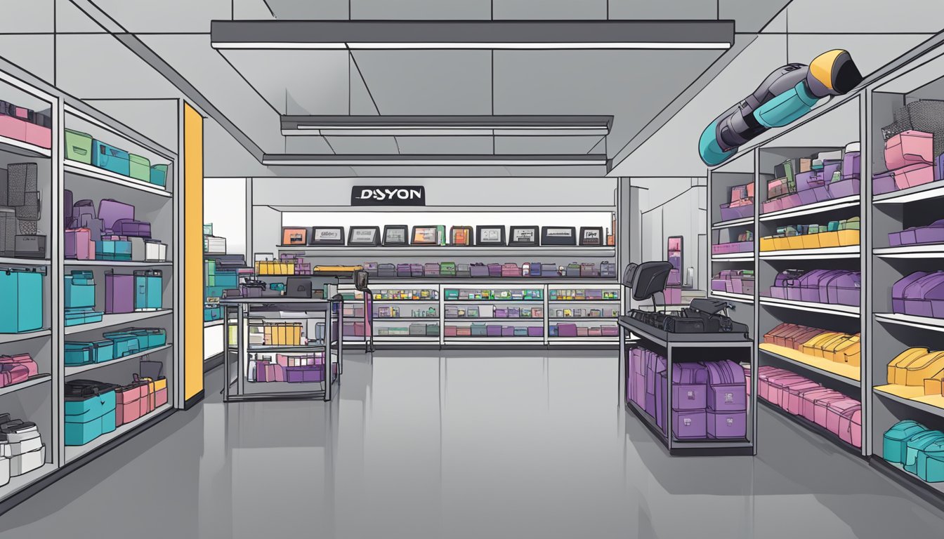 A bustling electronics store with shelves of Dyson hair dryers, a sign reading "Frequently Asked Questions," and a map of Singapore