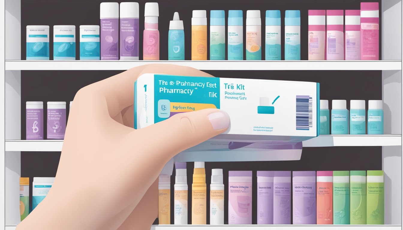 A hand reaches for a pregnancy test kit on a pharmacy shelf in Singapore. The packaging prominently displays clear instructions and a positive result
