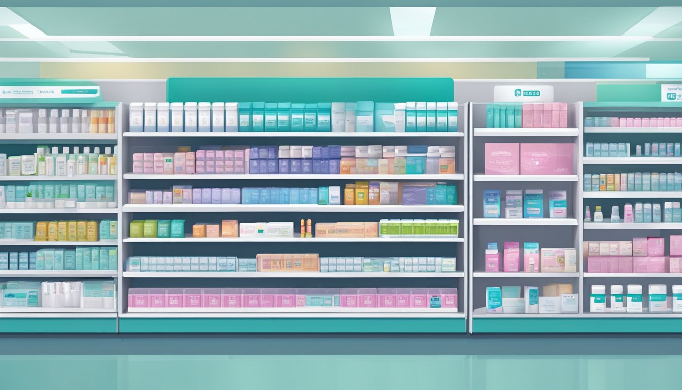 Shelves stocked with pregnancy test kits in a pharmacy in Singapore