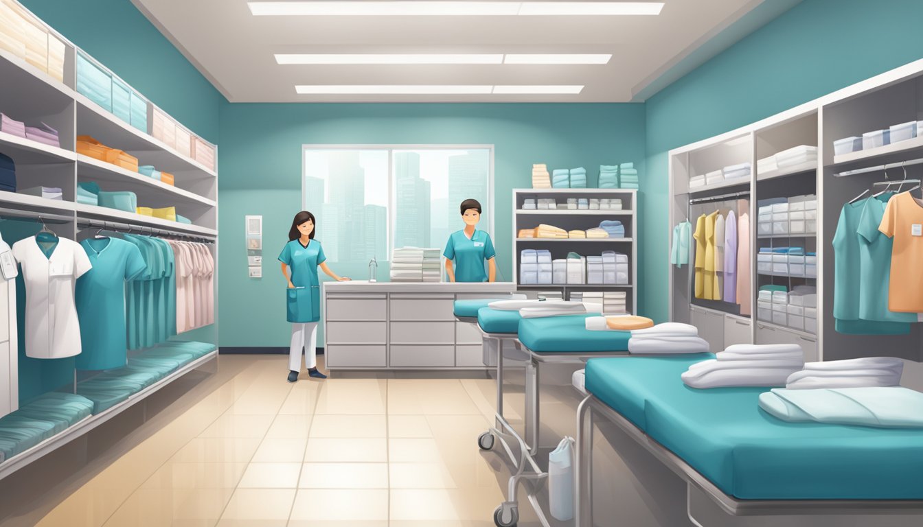 A nurse uniform store in Singapore, with racks of neatly organized scrubs and medical attire. Bright lighting and comfortable seating for healthcare professionals